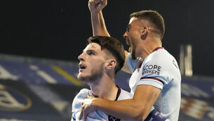 <p>West Ham’s Declan Rice, left, celebrates after scoring his side’s opening goal against Dinamo Zagreb. Picture: Darko Bandic/AP</p>