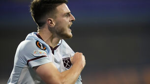 <p>Declan Rice celebrates his goal (Darko Bandic/AP)</p>
