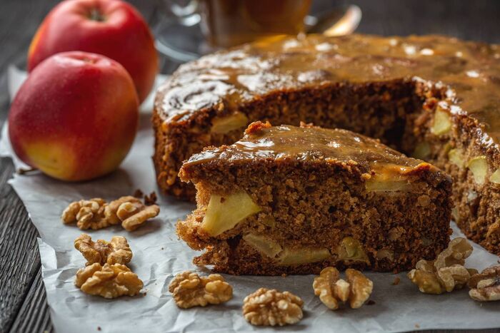 Chunky apple cake with caramel sauce