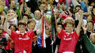 <p>Steve Bruce and Bryan Robson lift the Premiership trophy in 1993 for Manchester United. To the United faithful it opened the gates to the great modern love affair with the Premier League. <span class="contextmenu emphasis CaptionCredit">Picture: Allsport</span>
            </p>