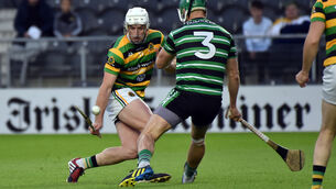<p>Glen Rovers' Patrick Horgan and Douglas defender Eoin Cadogan challenge for the sliotar. Picture: Eddie O'Hare</p>