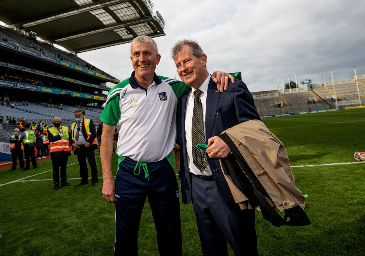 JP McManus with Limerick's senior hurling manager John Kiely after the All-Ireland final. Picture: INPHO/James Crombie JP McManus with Limerick's senior hurling manager John Kiely after the All-Ireland final. Picture: INPHO/James Crombie