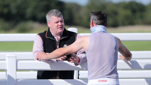 <p>Trainer Gordon Elliott (left) and jockey Davy Russell after winning the Bar One Racing 'Double The Odds First Goalscorer Special' with Chemical Energy at Navan last week. Picture: Niall Carson/PA </p>