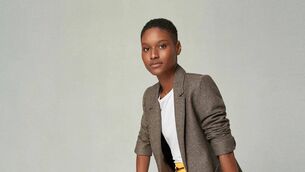 <p>Italian herringbone boyfriend blazer, €380; perfect pocketless tee, €48; super wide-leg sporty track pants, €255; leather slip-on trainer, €270, ME+EM.</p>