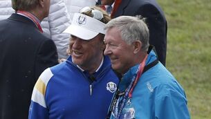 <p>Vice Captain of Team Europe Miguel Angel Jimenez of Spain (L) poses for a picture with former Manchester United manager Sir Alex Ferguson during Sunday's Singles matches on the final day of the Ryder Cup golf tournament at the Gleneagles Hotel in Gleneagles,</p>