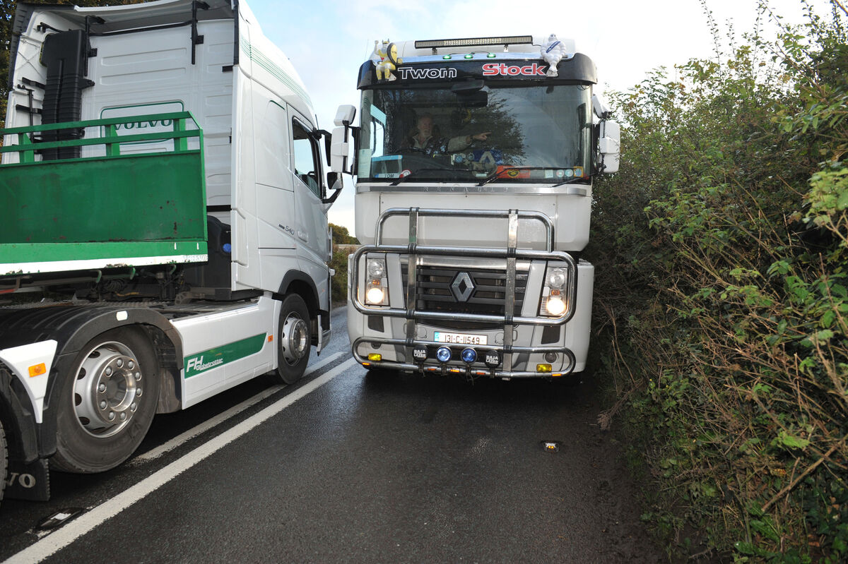 Hauliers highlighted the problem areas on a section of the N73 National Road from Mallow to Mitchelstown (near Kildorrery) in a protest some months ago; above illustrating the space available when two articulated trucks travelling in opposite directions meet. Picture: Larry Cummins
