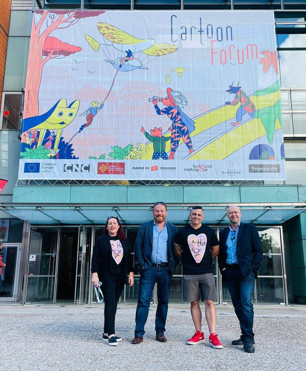 Juelie McLoughlin, Adams Adventures; Gary Timpson, Kavaleer; David King; and Andrew Kavanagh, Kavaleer at Cartoon Forum in Toulouse.