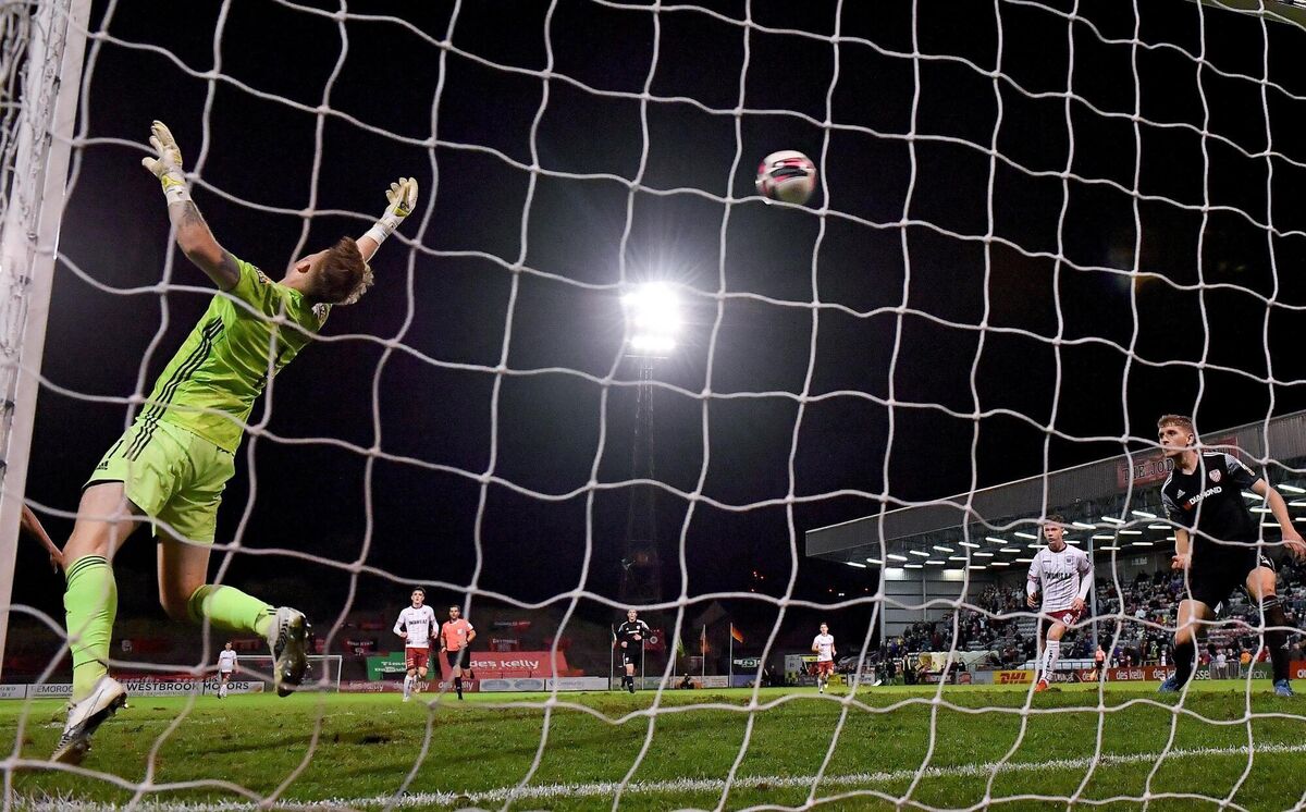 Derry City goalkeeper Nathan Gartside concedes a third goal, scored by Bohemians' Georgie Kelly, during the SSE Airtricity League Premier Division match. Picture: Seb Daly/Sportsfile