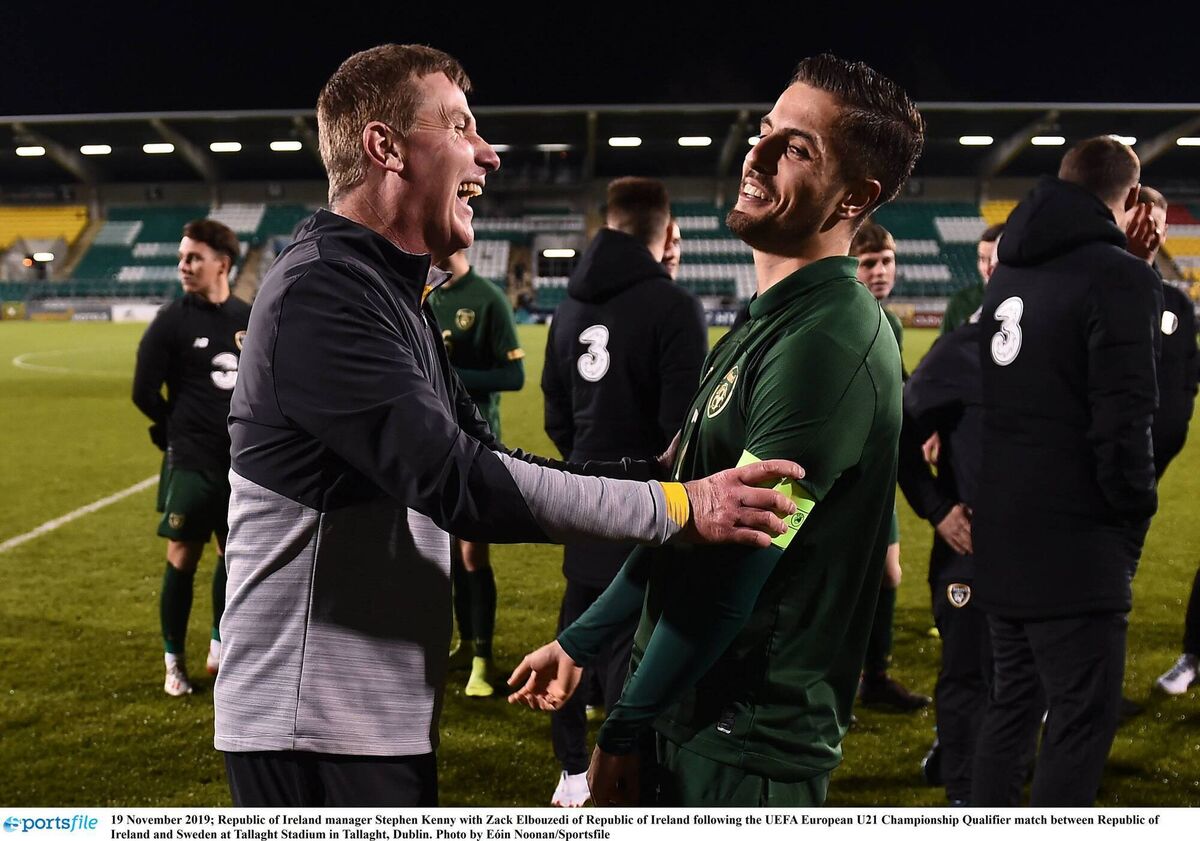 Then Republic of Ireland U21 manager Stephen Kenny with Zack Elbouzedi after the European Championship qualifier against Sweden at Tallaght Stadium. Picutre: Eóin Noonan/Sportsfile