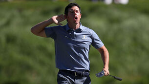 <p>Europe's Rory McIlroy celebrates his putt on the 8th during the singles matches on day three of the 41st Ryder Cup at Hazeltine National Golf Club in 2016. Picture: David Davies/PA</p>