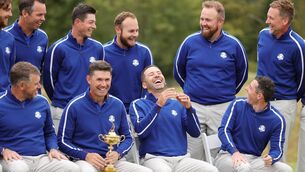 <p>FUN AND GAMES: European players posing for a team photo in Kohler, Wisconsin yesterday, (Back from left) Tommy Fleetwood, Paul Casey, Viktor Hovland , Tyrrell Hatton, Shane Lowry and Ian Poulter; (Front from left) Lee Westwood, captain Pádraig Harrington, Sergio Garcia, and Rory McIlroy. <span class="contextmenu emphasis CaptionCredit">Picture: Getty / </span>Stacy Revere</p>