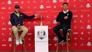 <p>Ryder Cup captains Steve Stricker and Pádraig Harrington speak to the media at Whistling Straits this week. Picture: Stacy Revere/Getty Images</p>