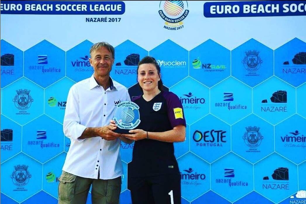 Lucy Quinn accepting the goalkeeper of the tournament award for the 2017 European Beach Football Championship. Pic via Instagram @lucyjquinn Lucy Quinn accepting the goalkeeper of the tournament award for the 2017 European Beach Football Championship. Pic via Instagram @lucyjquinn