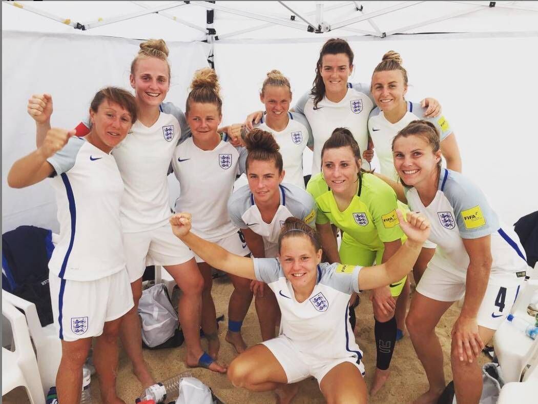 Lucy Quinn (goalkeeper) part of the victorious England team at the 2017 European Beach Football Championship. Pic via Instagram @lucyjquinn Lucy Quinn (goalkeeper) part of the victorious England team at the 2017 European Beach Football Championship. Pic via Instagram @lucyjquinn