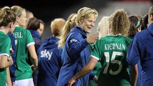 <p>Republic of Ireland head coach Vera Pauw (centre) celebrates with player Leanne Kiernan after the win over Australia. Picture: Niall Carson/PA</p>