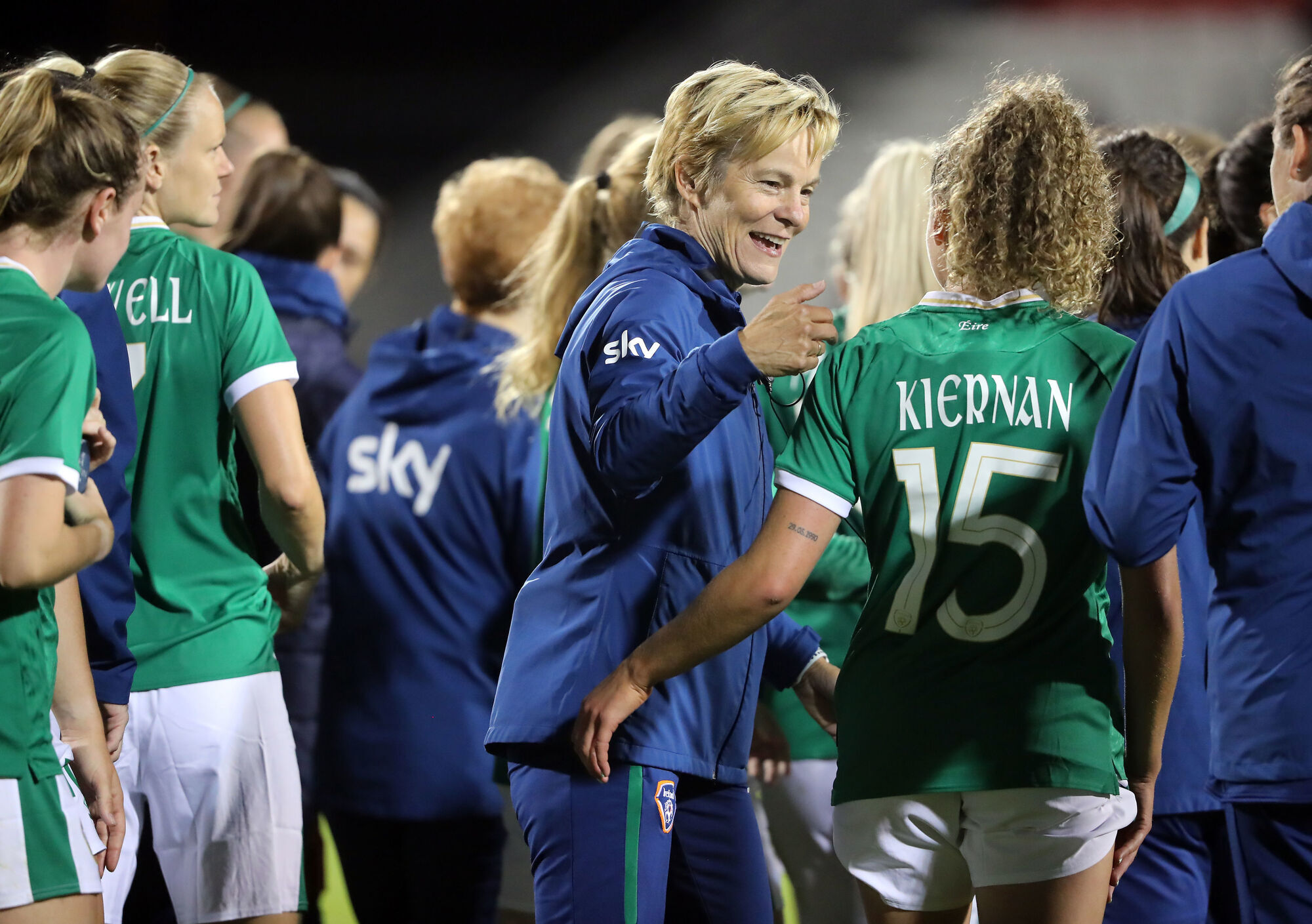 Republic of Ireland head coach Vera Pauw (centre) celebrates with player Leanne Kiernan after the win over Australia. Picture: Niall Carson/PA