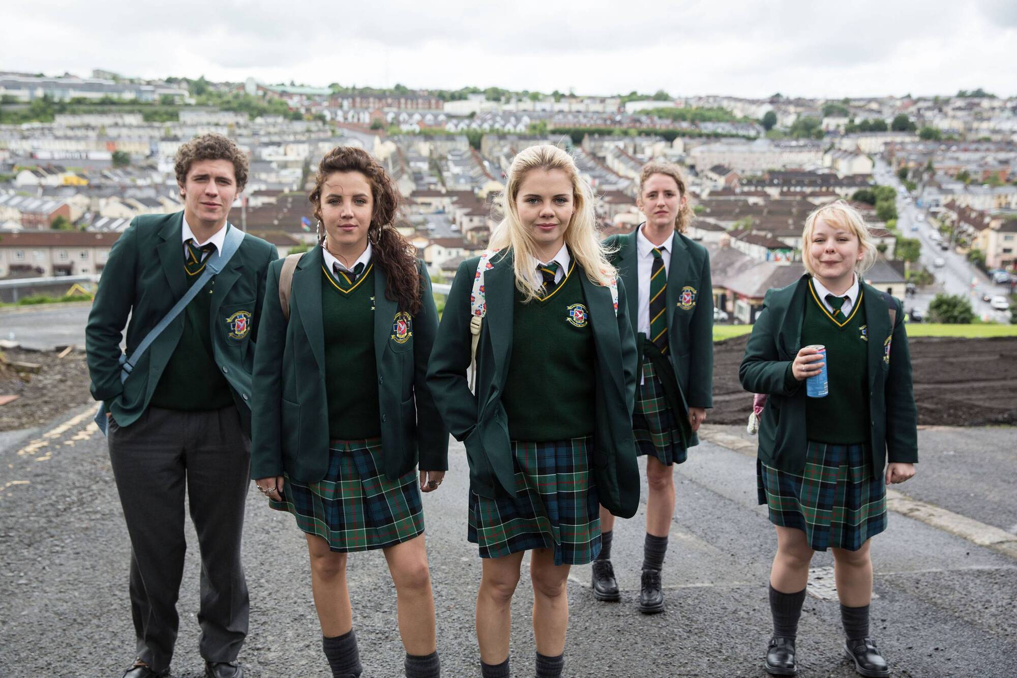 (L-R) Dylan Llewellyn as James, Jamie-Lee O'Donnell as Michelle, Saoirse Jackson as Erin, Louise Harland as Orla and Nicola Coughlan as Clare.
