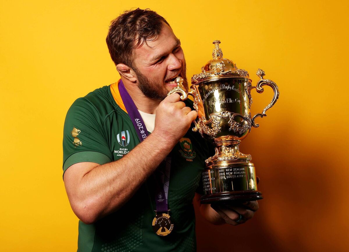 Duane Vermeulen of South Africa poses for a portrait with the Web Ellis Cup following his team's victory against England in the Rugby World Cup final in 2019. Picture: Getty Images