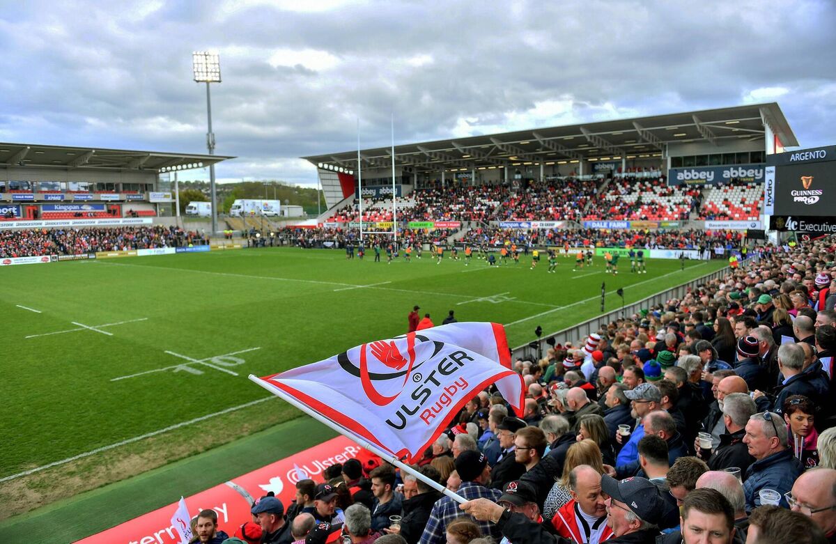 A general view of an Ulster rugby flag waving at Kingspan Stadium. Picture: Brendan Moran/Sportsfile