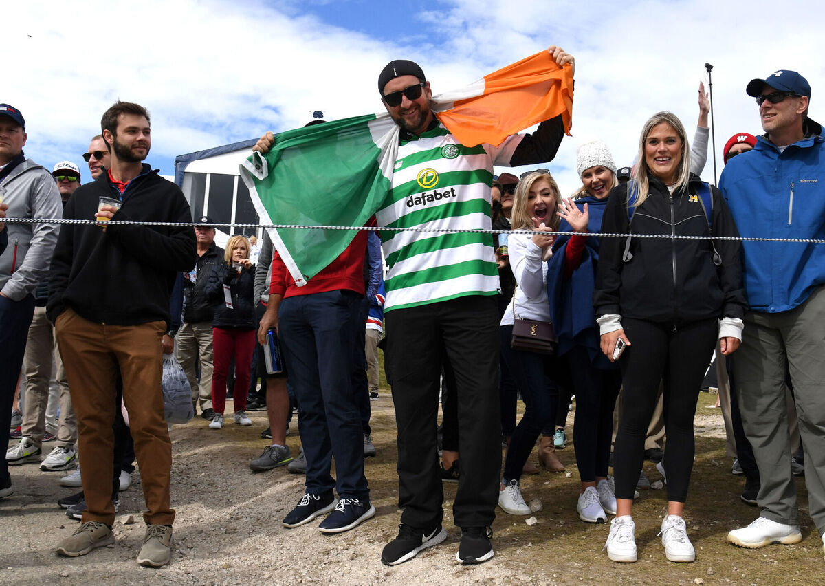Jim Larkin from Brookfield with Irish heritage watches the action during the fourth preview day of the 43rd Ryder Cup. Picture: Anthony Behar/PA 