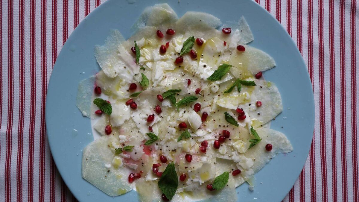 Shaved kohlrabi salad with sheep's cheese and mint