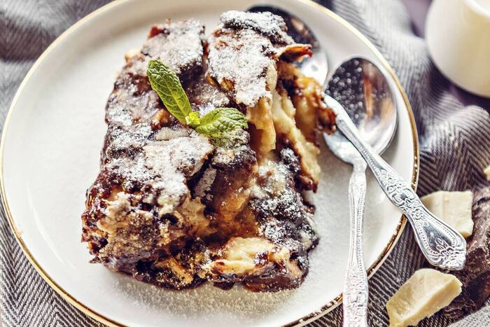 Bread pudding with sour cherries and chocolate