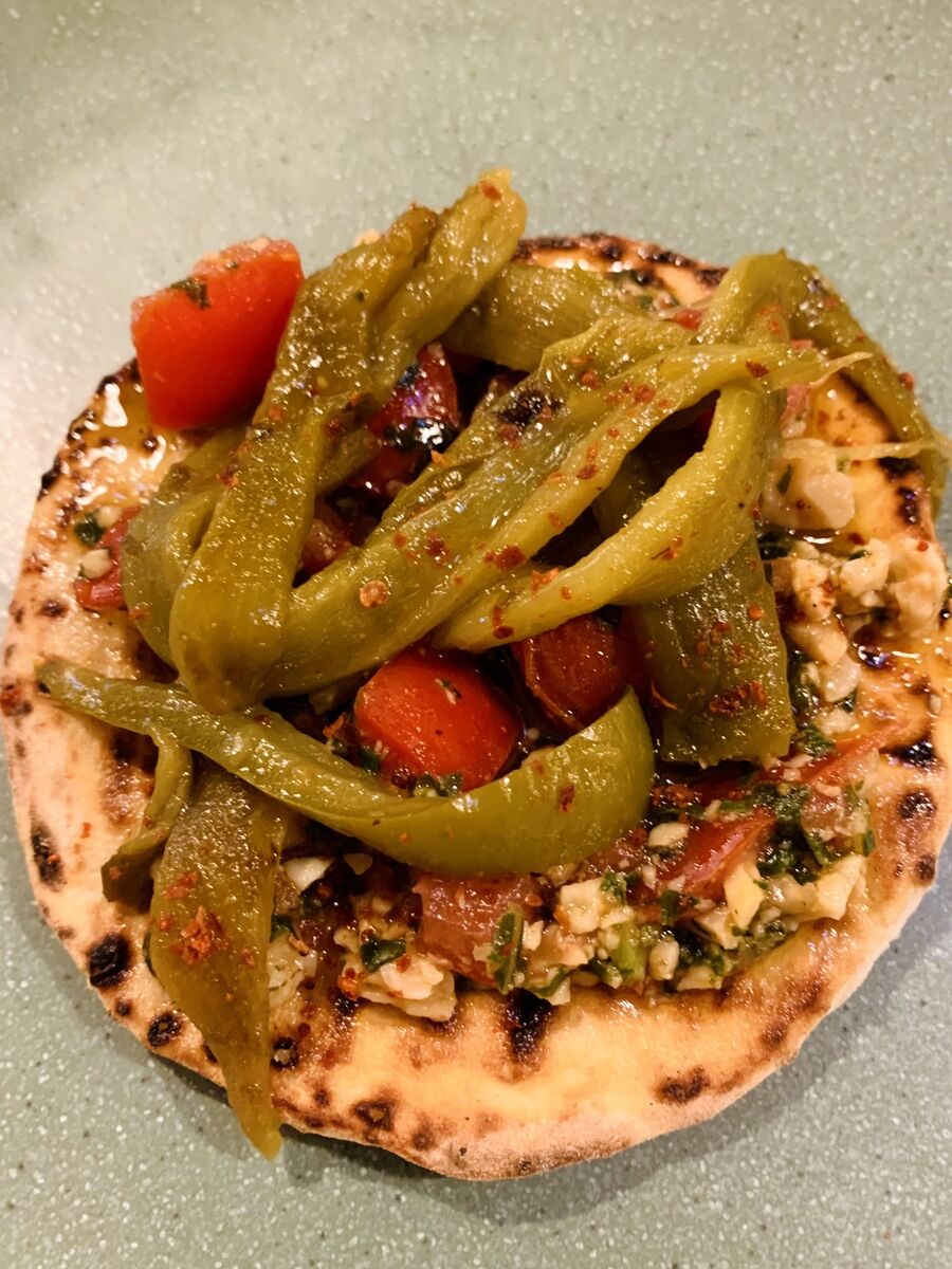 Sourdough Flatbread with pesto alla trapanese with chargrilled sweet peppers