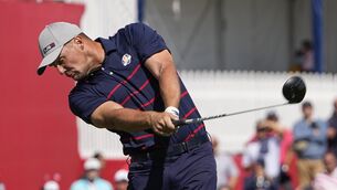 <p>Team USA's Bryson DeChambeau hits a drive on the second hole during a four-ball match. Picture: AP Photo/Jeff Roberson</p>