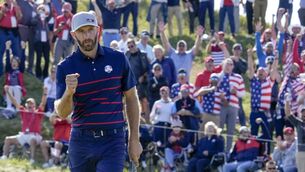 <p>Team USA's Dustin Johnson reacts after winning the 11th hole during a four-ball match the Ryder Cup at Whistling Straits. Picture: AP Photo/Ashley Landis</p>