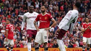 <p>Manchester United's Bruno Fernandes (centre) reacts after missing a late penalty kick during the Premier League match at Old Trafford, Manchester. Picture date: Saturday September 25, 2021. PA Photo.  Photo: Martin Rickett/PA Wire. </p>