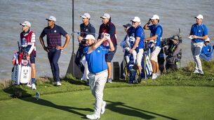 <p>Team Europe's Shane Lowry tees off during the afternoon Fourball</p>