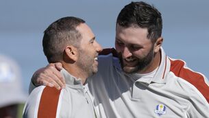 <p>Team Europe's Sergio Garcia and Team Europe's Jon Rahm celebrate after winning their foursomes match the Ryder Cup at the Whistling Straits Golf Course Saturday, Sept. 25, 2021, in Sheboygan, Wis. (AP Photo/Ashley Landis)</p>