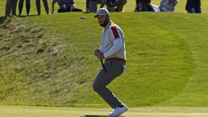 <p>Team Europe's Jon Rahm reacts after the punt on the 6th green during day two of the 43rd Ryder Cup at Whistling Straits, Wisconsin. Picture date: Saturday September 25, 2021.Picture: Anthony Behar/PA Wire. </p>