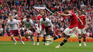<p>Bruno Fernandes sends his penalty high over the bar against Aston Villa (Martin Rickett/PA)</p>