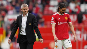 <p>Manchester United manager Ole Gunnar Solskjaer (left) and Edinson Cavani at Old Trafford. Picture: Martin Rickett/PA</p>