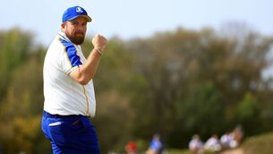<p>TEAM SPIRIT: Shane Lowry reacts on the 10th green during Sunday singles. ‘My whole goal over the next two years is to be part of that team and to win that trophy,’ says Lowry.	<span class="contextmenu emphasis CaptionCredit"> Picture: Mike Ehrmann</span>
            </p>