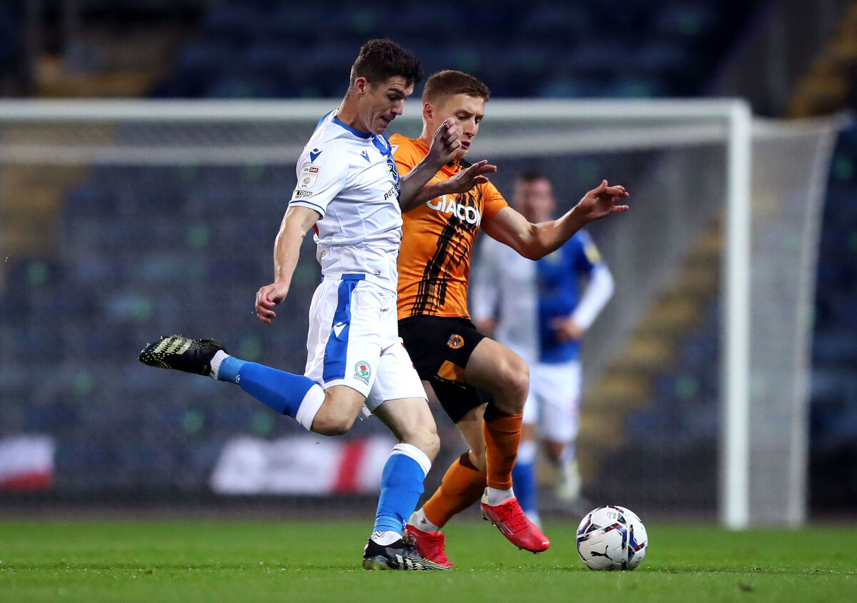 Blackburn Rovers' Darragh Lenihan (left) and Hull City's Greg Docherty battle for the ball during the Sky Bet Championship match earlier this month. Picture: Simon Marper/PA 
