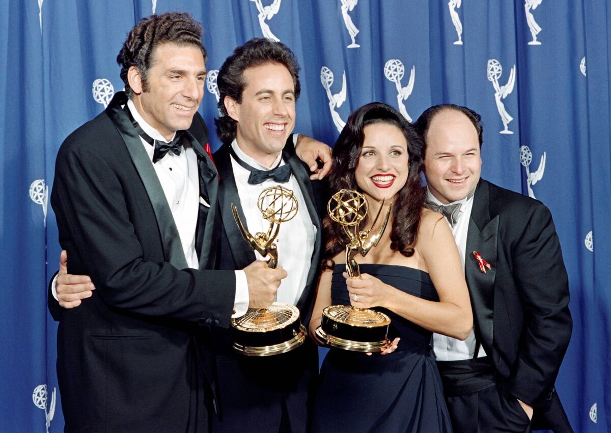 The cast of Seinfeld show pose with the Emmys they won for Outstanding Comedy Series in 1993.