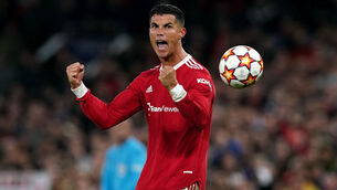 <p>Manchester United's Cristiano Ronaldo celebrates after the final whistle at Old Trafford. Picture: Martin Rickett/PA </p>