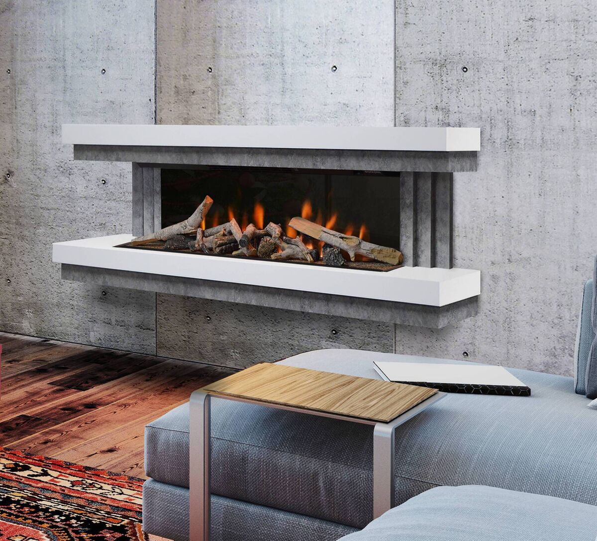 Where you don’t have a flue or chimney, this 1500w Evonic Gilmour is majestically staged out into the room with woodland or silver birch logs. E-smart cloud app control includes six pre-set flame designs and six solid colour effects with overbed (ember) illumination. Compatible with Amazon Alexa and Google Home hubs, it comes in a white and soapstone surround with stepped side wings and a completely open front. From €1,798, staklums.ie. Evonics and Dimplex also available at the House of Stoves (Kilkenny) and The Stove Shop, New Ross, Wexford.