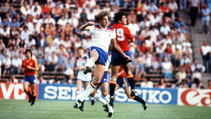 <p>Terry Butcher makes an aerial challenge in England’s 1982 World Cup match against hosts Spain. Picture: PA Archive</p>
