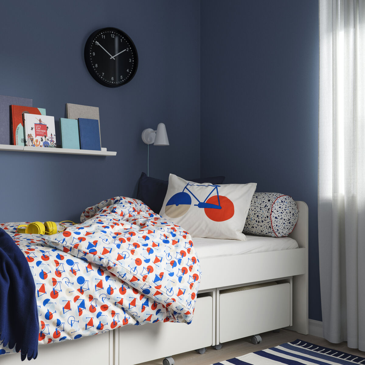 Slakt bed boxes, 50 each, beneath an IKEA bed. Singles (European and standard sizings) from 104, Sportslig duvet set 15, ikea.ie