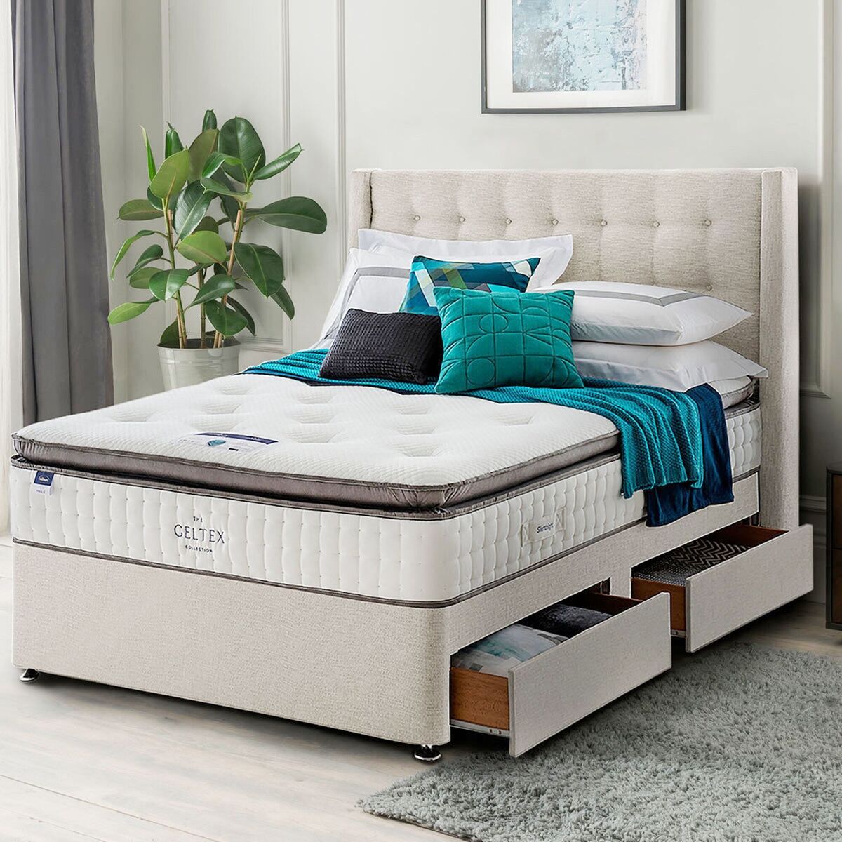 A SilentNight Sanctuary 3000 mattress and divan with cooling Geltex. Buying a mattress complete with divan, and adding a screw to fit headboard offers remarkable value, structurally refreshing your whole bed set. What about some addition in-divan storage? From 1250 (double) to 1520 (super king), multiple suppliers.