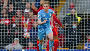 <p>Manchester City's Kevin De Bruyne celebrates scoring the equaliser at Anfield. Picture: Peter Byrne/PA</p>
