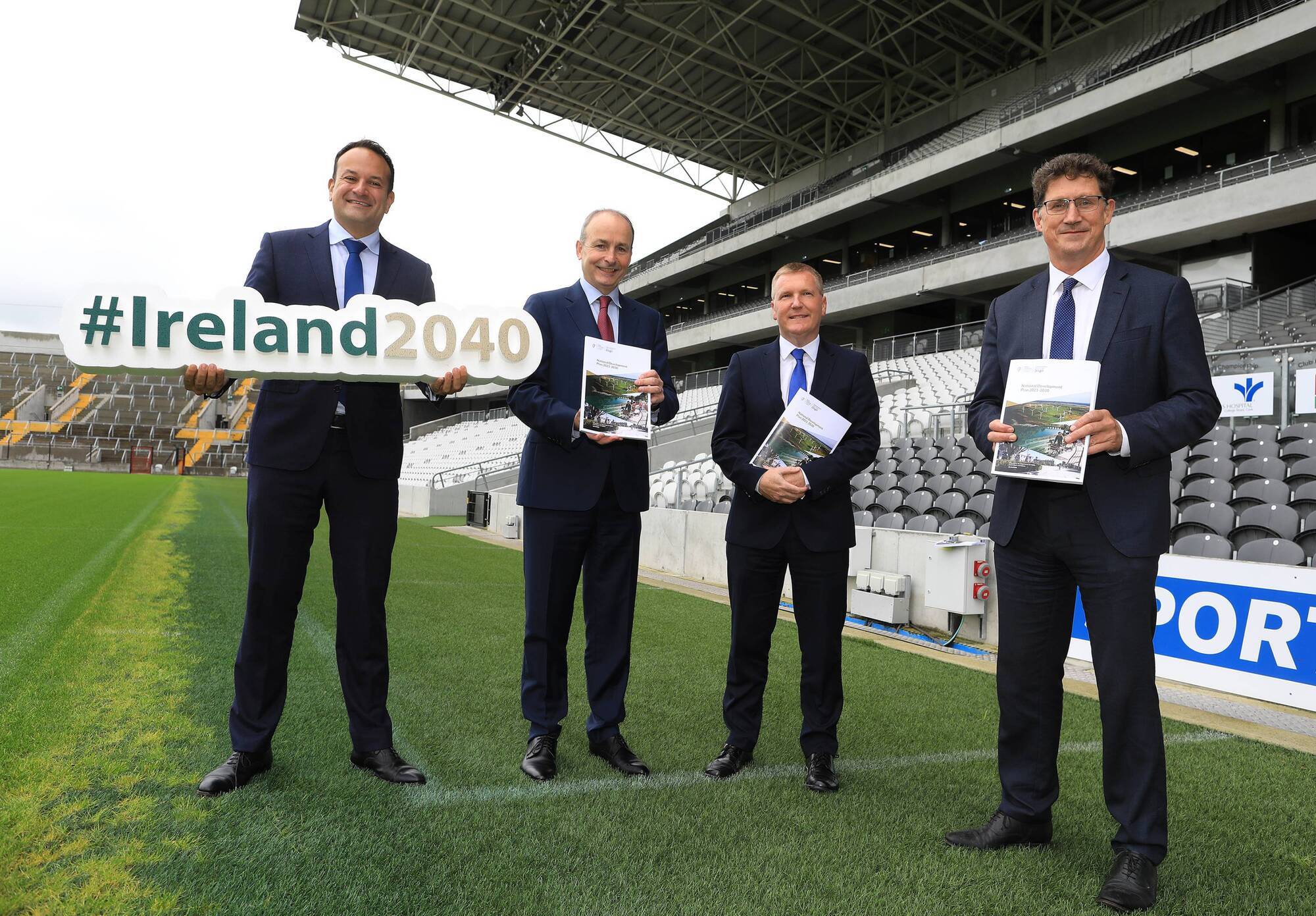  Tánaiste Leo Varadkar, Taoiseach Micheál Martin, Public Expenditure and Reform Minister Michael McGrath and Environment and Transport Minister Eamon Ryan at the launch of the National Development Plan at Páirc Uí Chaoimh, Cork, on Monday. Picture: Julien Behal