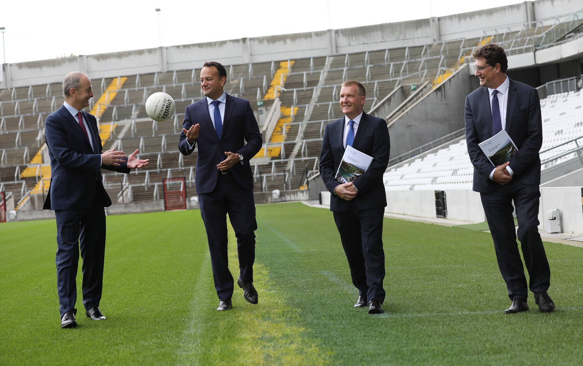 Taoiseach Micheál Martin, Tánaiste Leo Varadkar, Public Expenditure Minister Micheal McGrath and Transport and Environment Minister Eamon Ryan at the launch of the National Development Plan in Páirc Uí Chaoimh, Cork, on Monday. Picture: Julien Behal