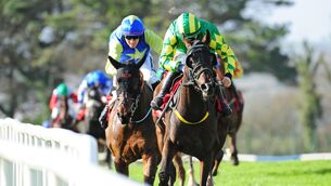 <p>Perry Owens and Sean Flanagan win the Renvyle House Hotel 3-Y-O Maiden Hurdle from Sideshift at Galway in October last year. Picture: Healy Racing</p>