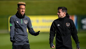 <p>Callum Robinson and Josh Cullen during a Republic of Ireland training session. Picture: Stephen McCarthy/Sportsfile</p>