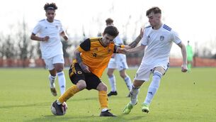 <p>Leeds United's Cian Coleman closes down Lee Harkin of Wolverhampton Wanderers at Thorp Arch Training Ground last February. Despite being born in Pudsey, West Yorkshire, Coleman's allegiance is with Ireland and he is already part of the under-19 squad. (Photo by Jack Thomas - WWFC/Wolves via Getty Images)</p>