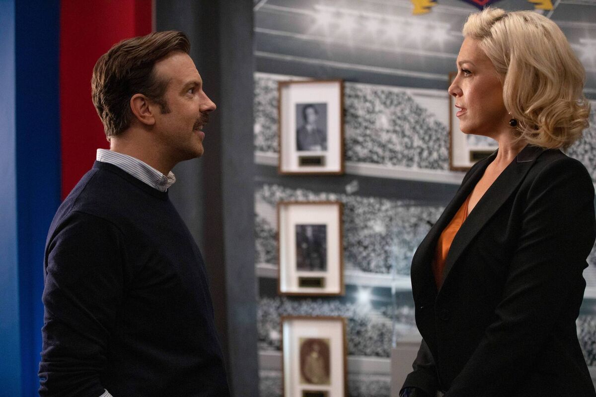 Jason Sudeikis and Hannah Waddingham in Ted Lasso. 